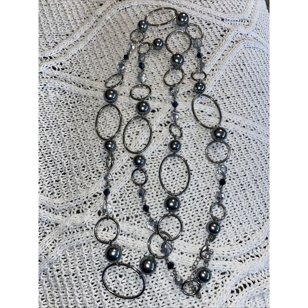 Lia Sophia Long Faux Pearls Necklace 42" Silver Tone Clear Beads Multi Effect